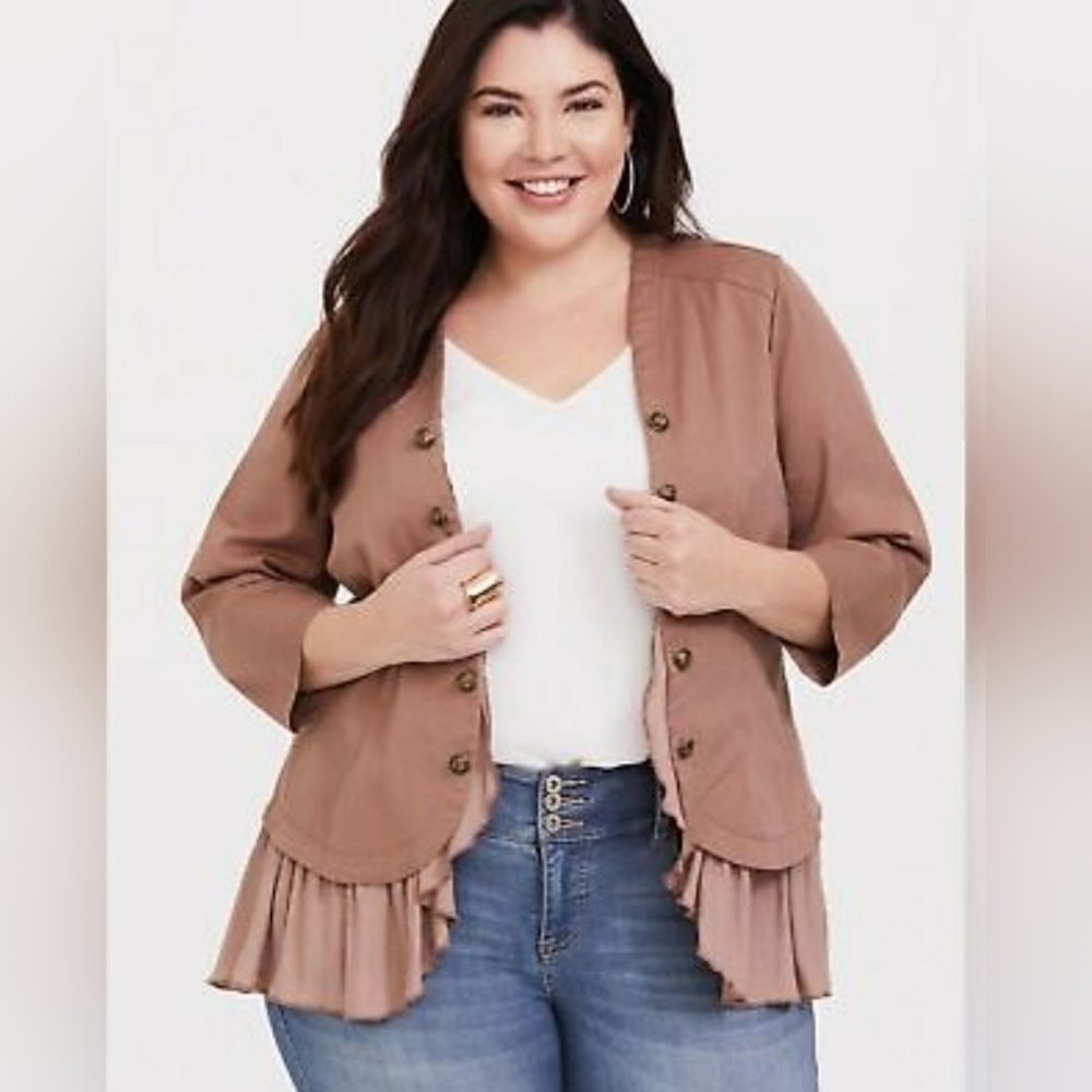 NEW...TORRID Chic TAN Button-Down Jacket with Ruffle Hem....SIZE:0